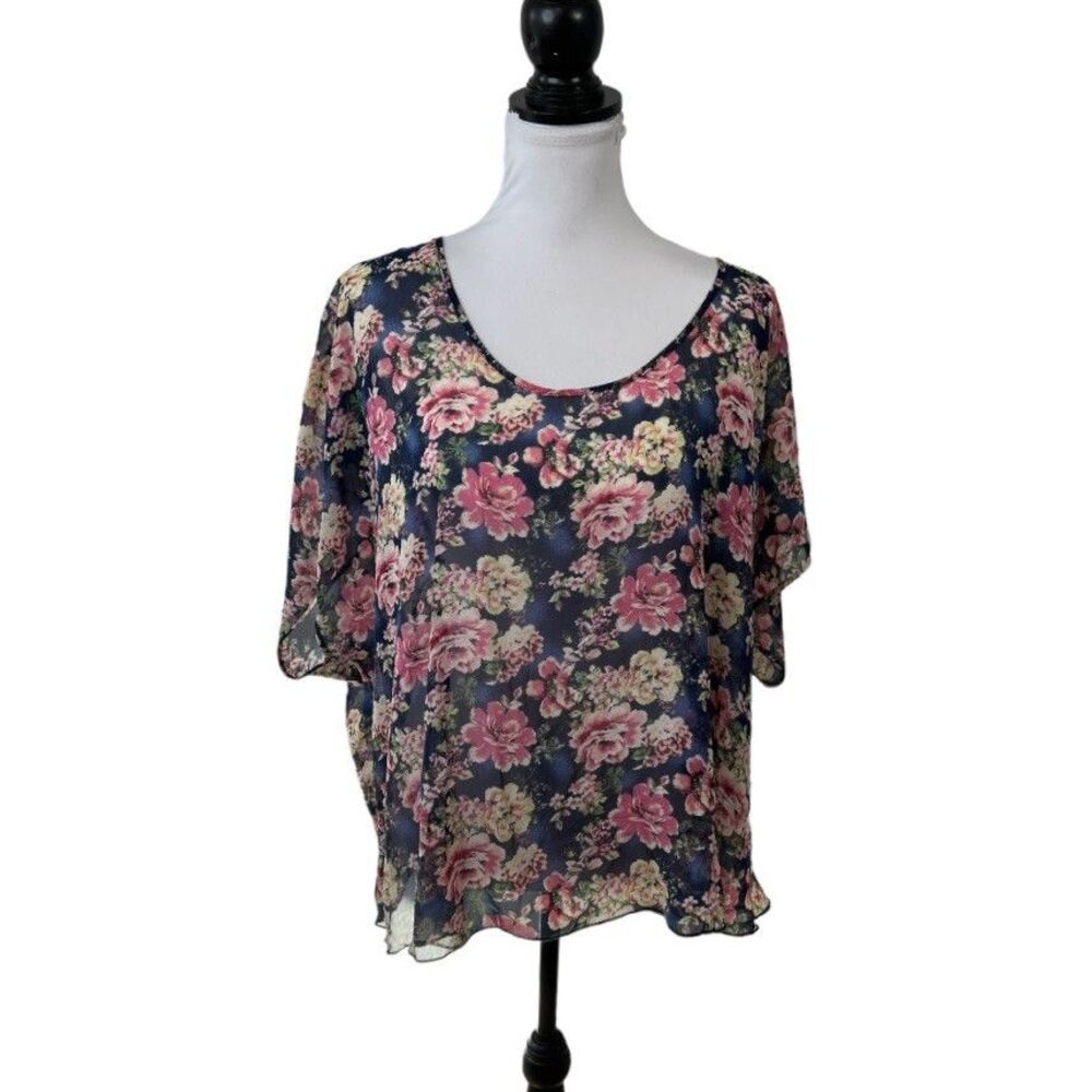 Belle Du Jour Blouse Plus Size 2X Floral Keyhole Sheer Lace Multicolored Hi Low